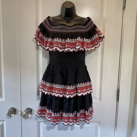 Amur Embroidered Linen Silk Off-the-Shoulder Tiered Mini Dress Size 4 $548 - Picture 2 of 13